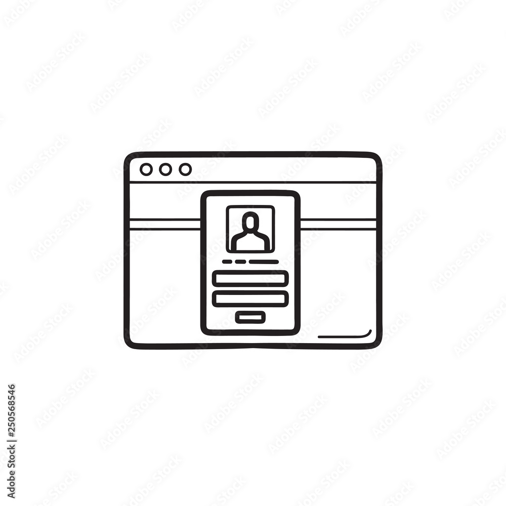 Web browser window with login page hand drawn outline doodle icon. Web browser window with login page hand drawn outline doodle icon.