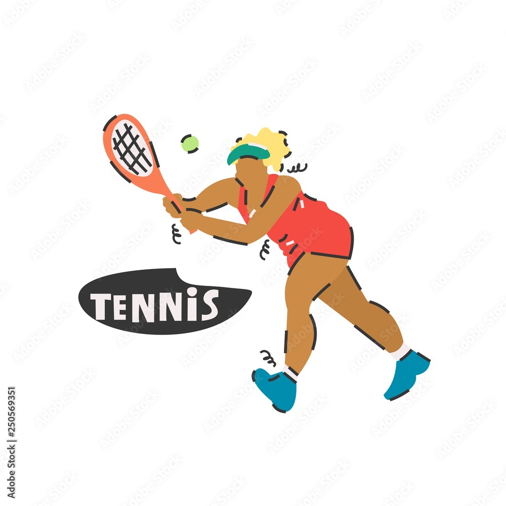 Handdrawn vector illustration of a girl-tennis player. Cartoon sketch drawing.
