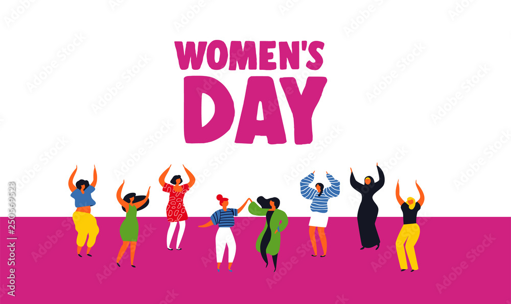 Happy Womens day card with diverse women dancing