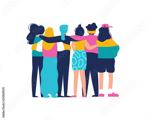Happy girl friend group hug on isolated background