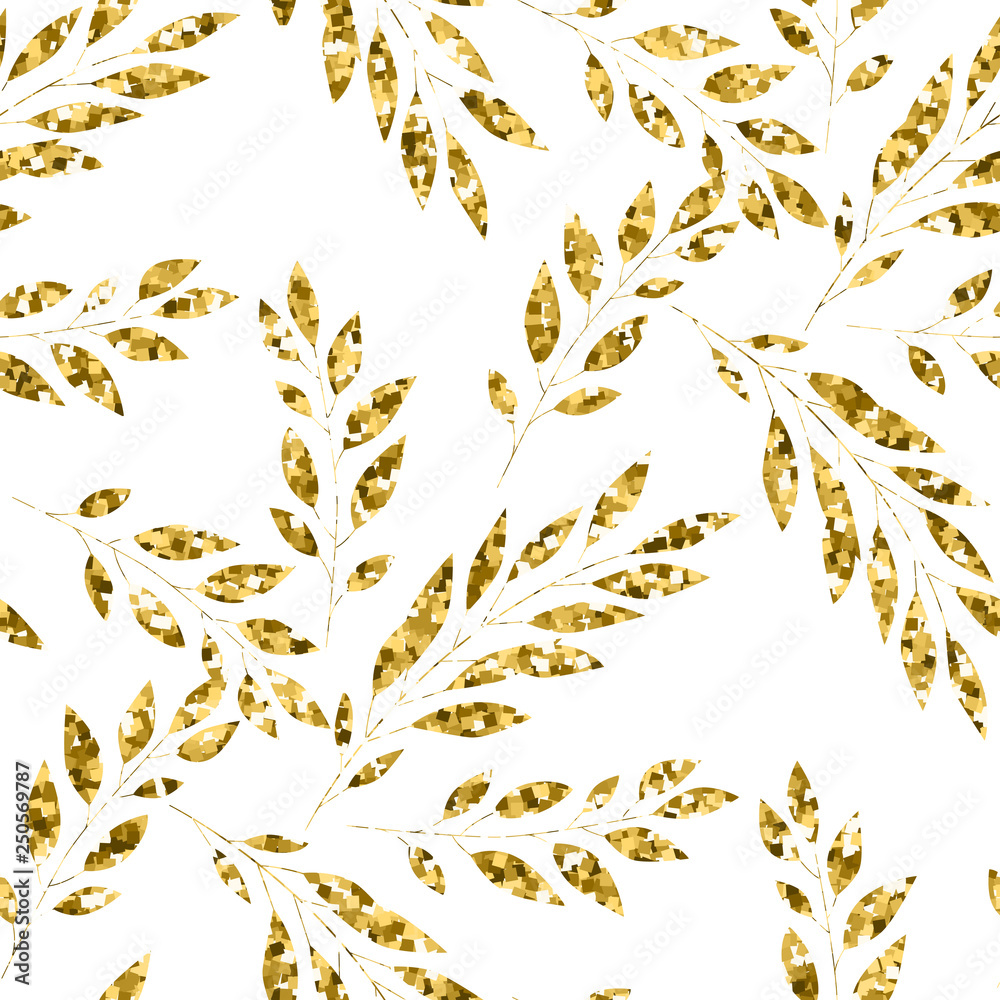 Seamless vector pattern with gold floral element on white background