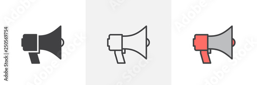 Megaphone loudspeaker icon. Line, glyph and filled outline colorful version, bullhorn outline and filled vector sign. Announcement symbol, logo illustration. Different style icons set. Pixel perfect