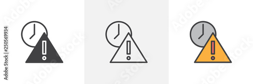 Deadline warning notice icon. Line, glyph and filled outline colorful version, exclamation mark and clock outline and filled vector sign. Symbol, logo illustration. Different style icons set. 