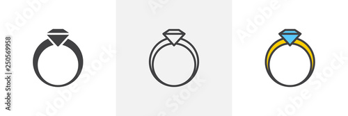 Diamond ring icon. Line, glyph and filled outline colorful version, wedding ring jewellery outline and filled vector sign. Symbol, logo illustration. Different style icons set. Vector graphics