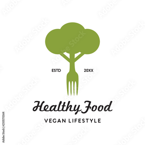 fork and broccoli for healthy food logo icon vector template