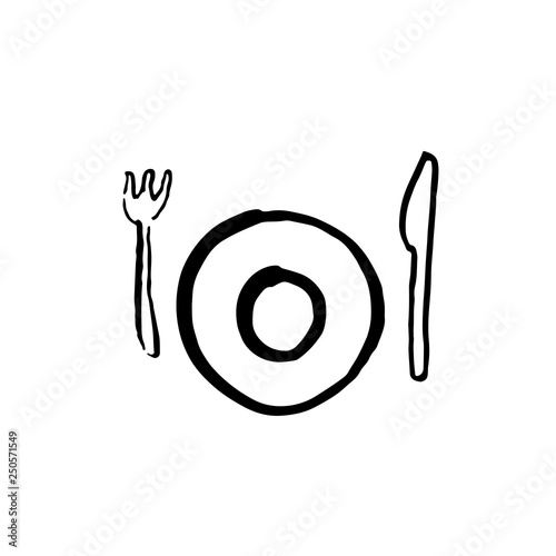 Plate, fork and knife grunge icon. Hand drawn brush vector illustration.