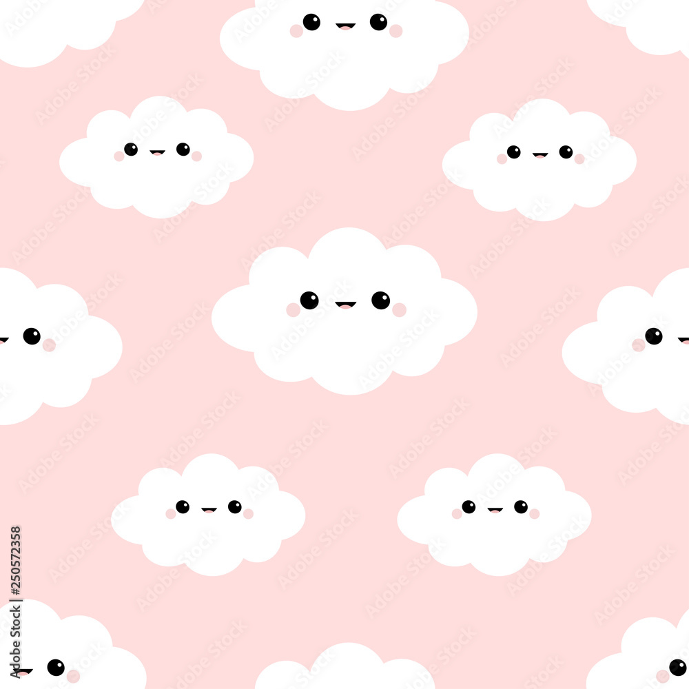 Seamless Pattern. Cloud in the sky. Cute cartoon kawaii funny smiling baby character. Wrapping paper, textile template. Nursery decoration. Pink background. Flat design Seamless Pattern. Cloud in the sky. Cute cartoon kawaii funny smiling baby character. Wrapping paper, textile template. Nursery decoration. Pink background. Flat design