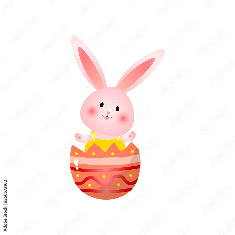 Obraz premium Cute rosy easter bunny sitting in broken egg shell waves hands isolated on white background