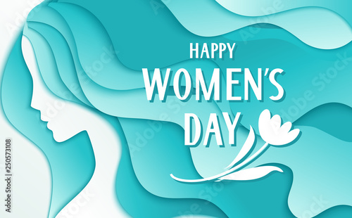Happy Womens Day. 8 march design template with woman silhouette and greeting text. Girl with long blue hair. Vector illustration
