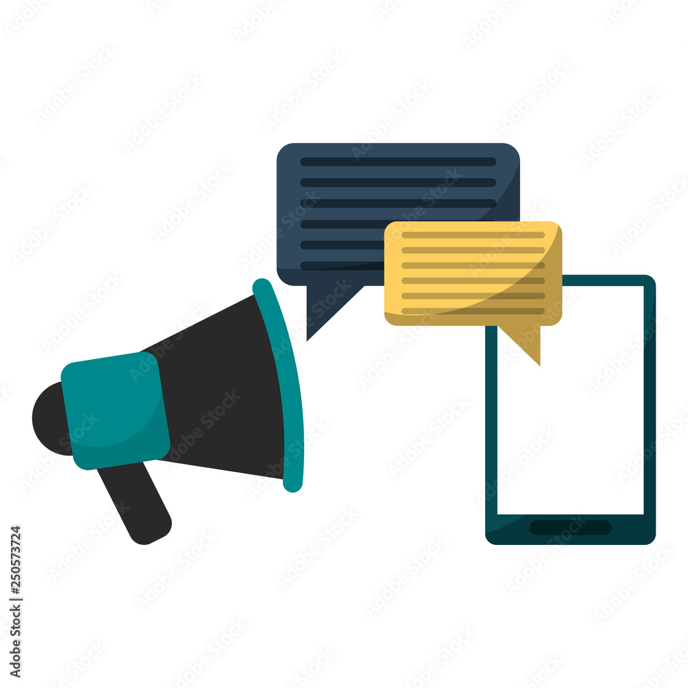 smartphone and bullhorn with chat bubbles symbol smartphone and bullhorn with chat bubbles symbol