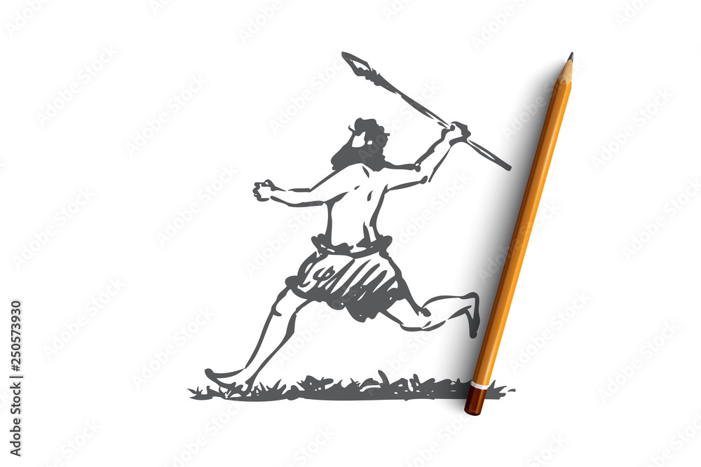 Primitive, man, spear, caveman, hunter concept. Hand drawn isolated vector. Primitive, man, spear, caveman, hunter concept. Hand drawn isolated vector.