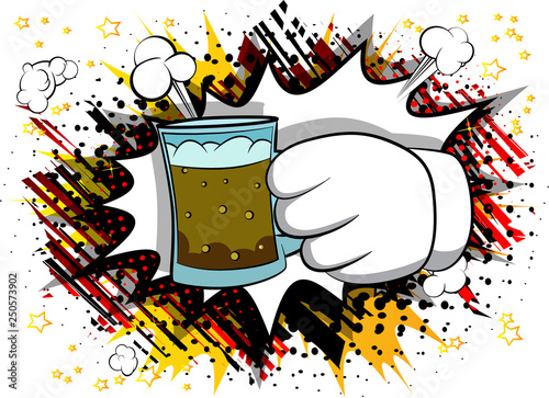 Vector cartoon hands holding a beer. Illustrated sign on comic book background.