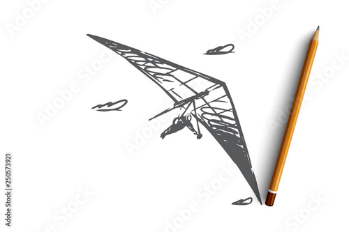 Hang glider, extreme, sky, sport, fly concept. Hand drawn isolated vector.