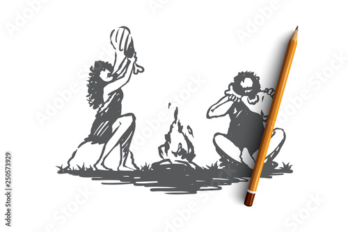 Primitive, people, bonfire, caveman, ancient concept. Hand drawn isolated vector.