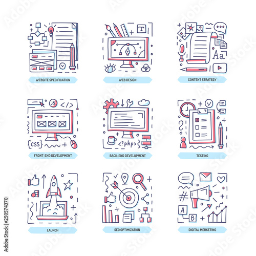Web development doodle icon set. Vector illustration.