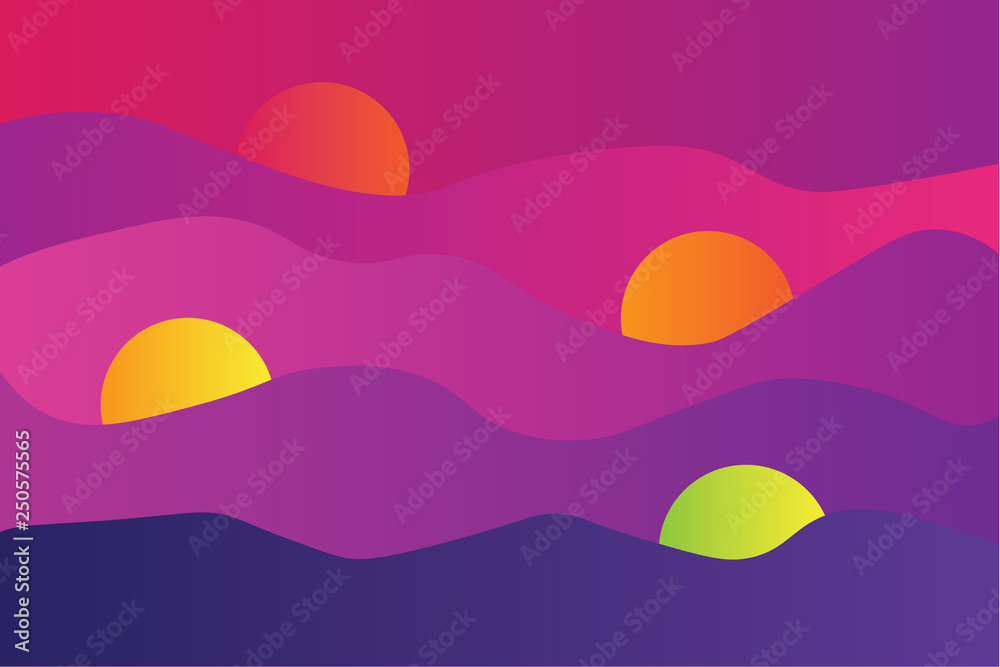 Waves and circle abstract background with blue, purple, pink and orange gradient color