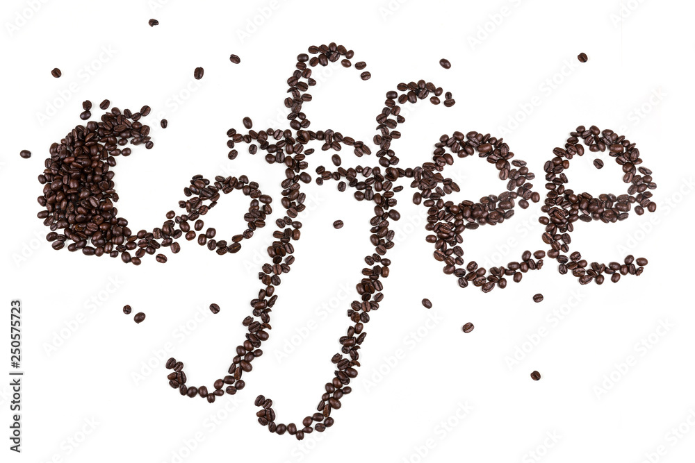 Word coffee spelled out in roasted brown coffee beans