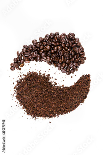 Balanced ying yang symbol of coffee beans and grounds