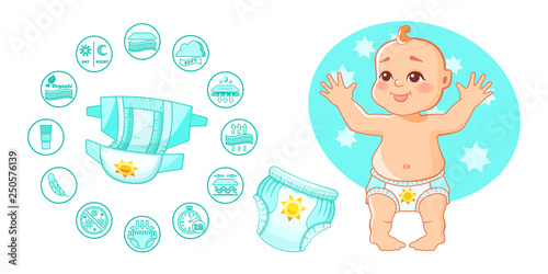 Open baby absorbent diapers, kids pants, with characteristic, on infographic.