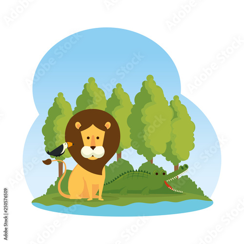 african lion with toucan in the savannah