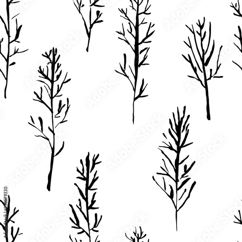 Seamless pattern with naked trees. Hand drawn grunge ink background. Vector illustration.