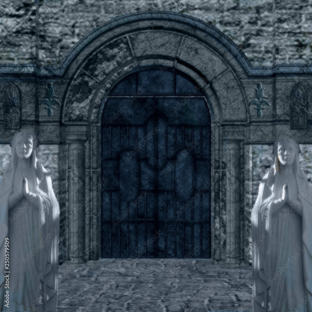 an illustration of scary dark entrance with an arch stone door and welcoming statues