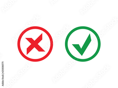 Tick and cross signs. Green checkmark OK and red X icons, Simple marks graphic design. Symbols YES and NO button for vote, Check box list icons. Check marks vector.