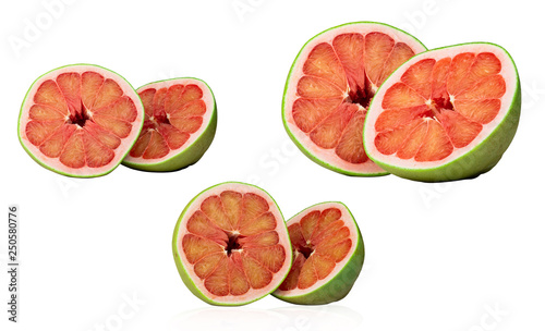 Red pomelo isolated on white background. Thailand Siam ruby pomelo fruit. Fresh grapefruit. Natural source of vitamin C (antioxidants) and potassium. Healthy food for slow down aging. Juicy fruit.