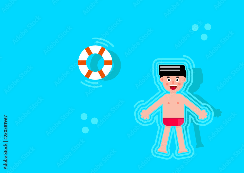 Pool party characters. Boy wearing swimming suits. Top view vector of ...