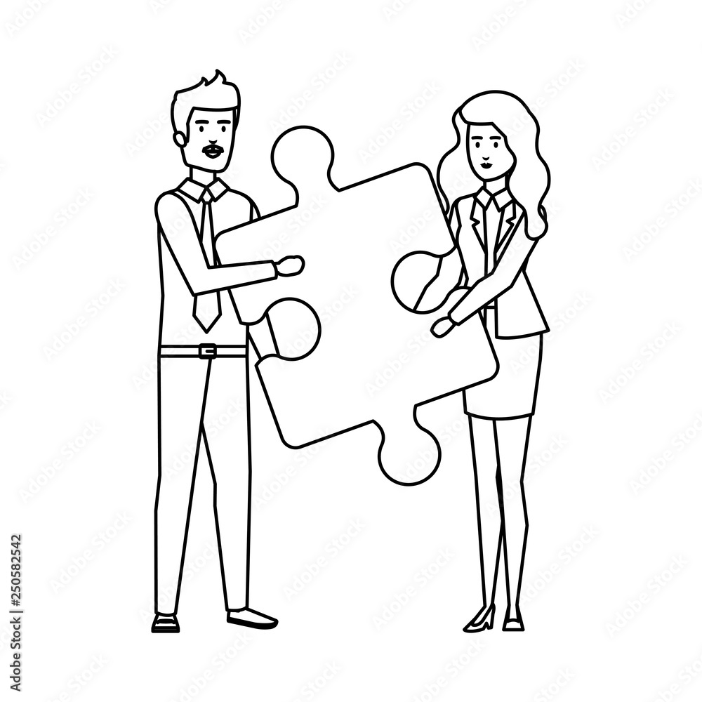 business couple lifting puzzle piece