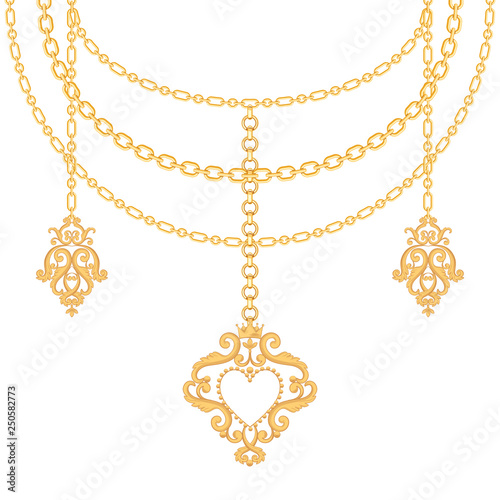 Background with chains golden metallic necklace and pendant with heart. On white