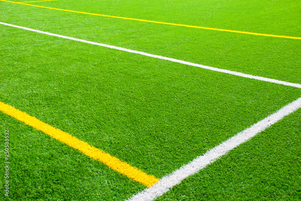 Football field green background with white and yellow line. Sport texture.