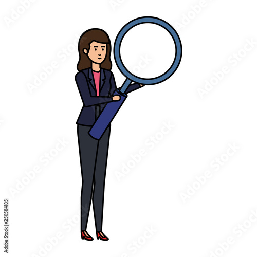 elegant businesswoman lifting magnifying glass
