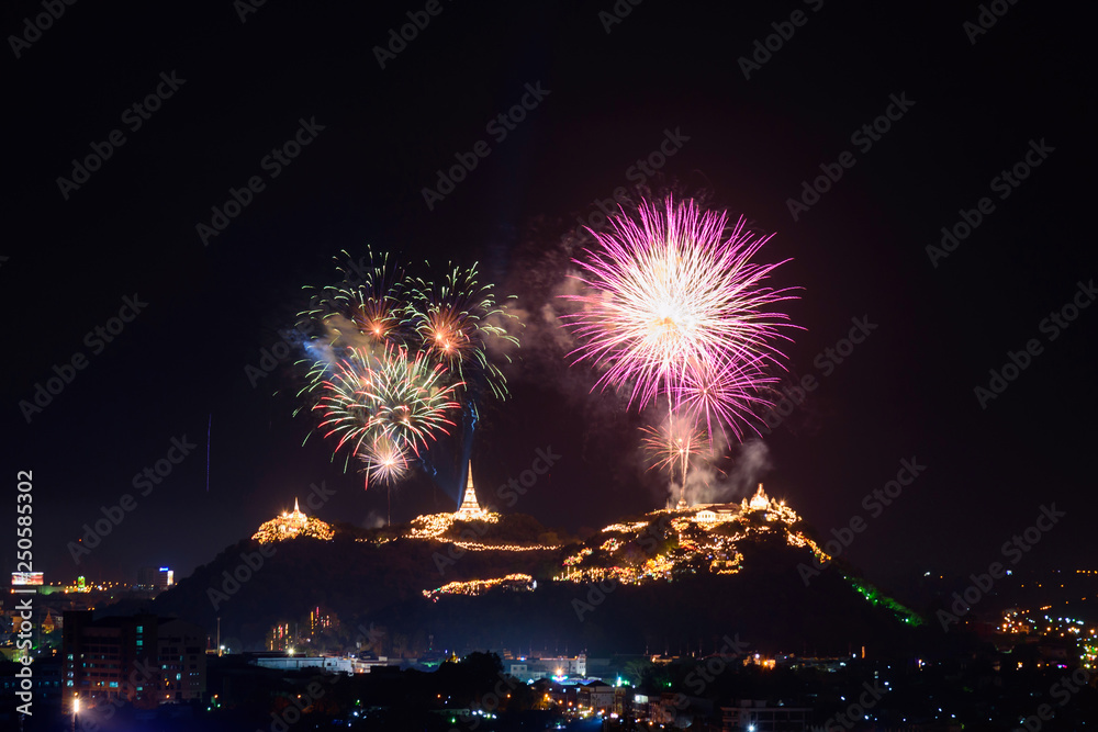 Fireworks at Wang mountain palace / Fireworks at Thai temple on the mountain Fireworks at Wang mountain palace / Fireworks at Thai temple on the mountain