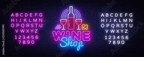 Wine Shop neon signboard Vector. Wine Bar neon sign, design template, modern trend design, night neon signboard, night bright advertising, light banner, light art. Vector. Editing text neon sign