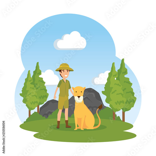 man worker of zoo with lioness in the landscape