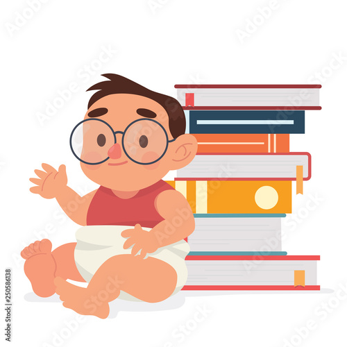cute genius baby in diapers and glasses with books as background, education important since a baby - Vector