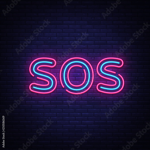 Sos neon text vector design template. Sos neon sign, light banner design element colorful modern design trend, night bright advertising, bright sign. Vector illustration