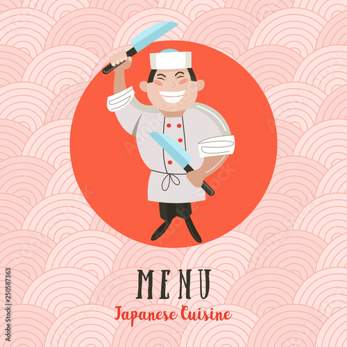 Japanese cuisine. Traditional Japanese dish. Chefs Japanese. Vector illustration in cartoon style.