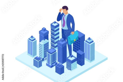 Isometric Businessman Looks Down at the City