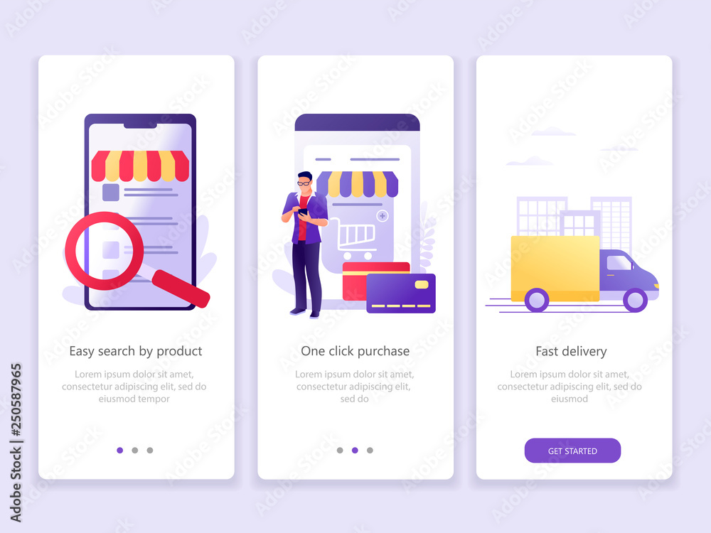 E store marketing, online shopping, delivery. Onboarding screens user