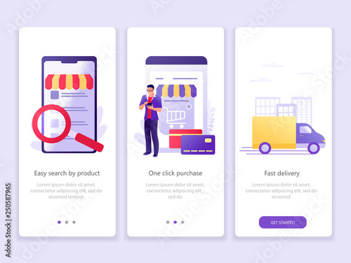 E store marketing, online shopping, delivery. Onboarding screens user interface kit. M commerce. Modern user interface UX, UI screen template for mobile smart phone or web site. Vector Illustration.