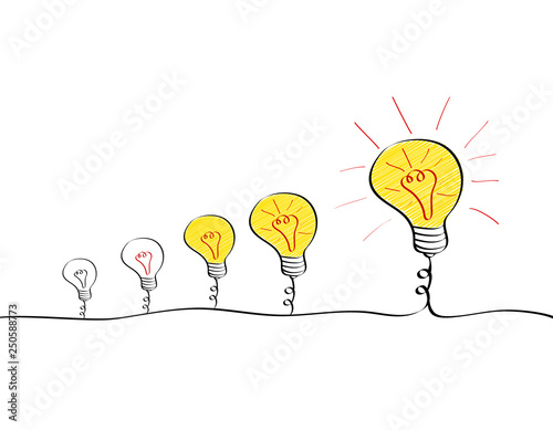 Big idea evolution process. Set of growing light bulbs with different stages of brightness. Vector illustration