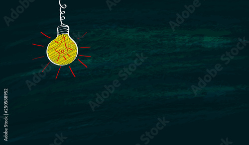 Big idea horizontal banner with bright light bulb and copy space for text. Doodle green blackboard. Vector illustration