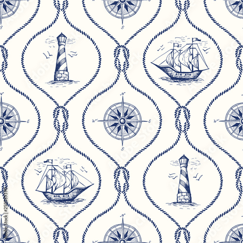 Vintage Hand-Drawn Rope Ogee Vector Seamless Pattern with Lighthouse, Sea Compass, Ship and Nautical Reef Knot. photo