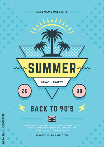 Summer beach party flyer or poster template 90s typography style design.