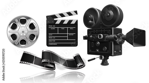 Objects for the film industry. Film projector, film strip, reel and clapperboard on white background.  3D vector. High detailed realistic illustration
