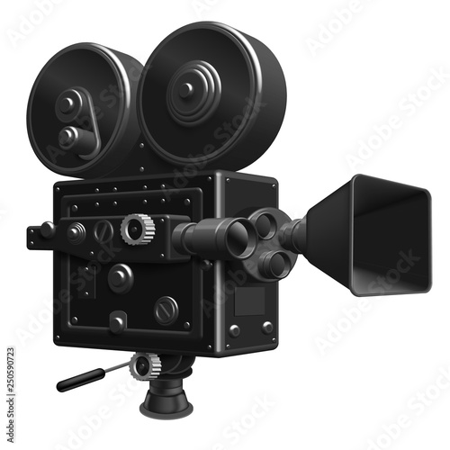 Items for the film industry. Movie projector on a white background. 3D vector. High detailed realistic illustration