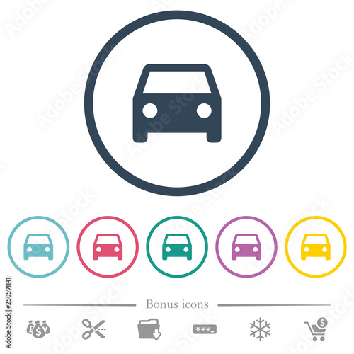 Single car flat color icons in round outlines