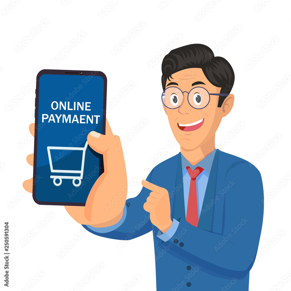 Businessman holding smart phone and showing screen with online payment Businessman holding smart phone and showing screen with online payment
